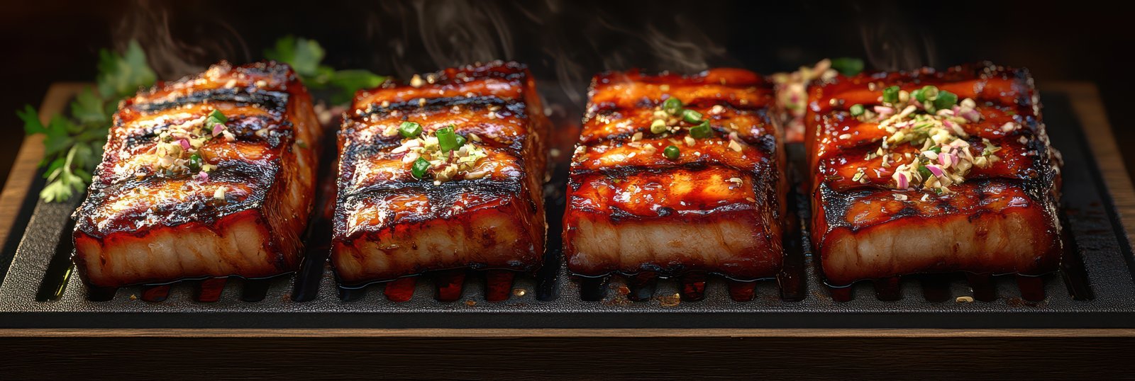 Four grilled fish fillets are arranged on a black grill pan, glistening with a sweet and savory glaze